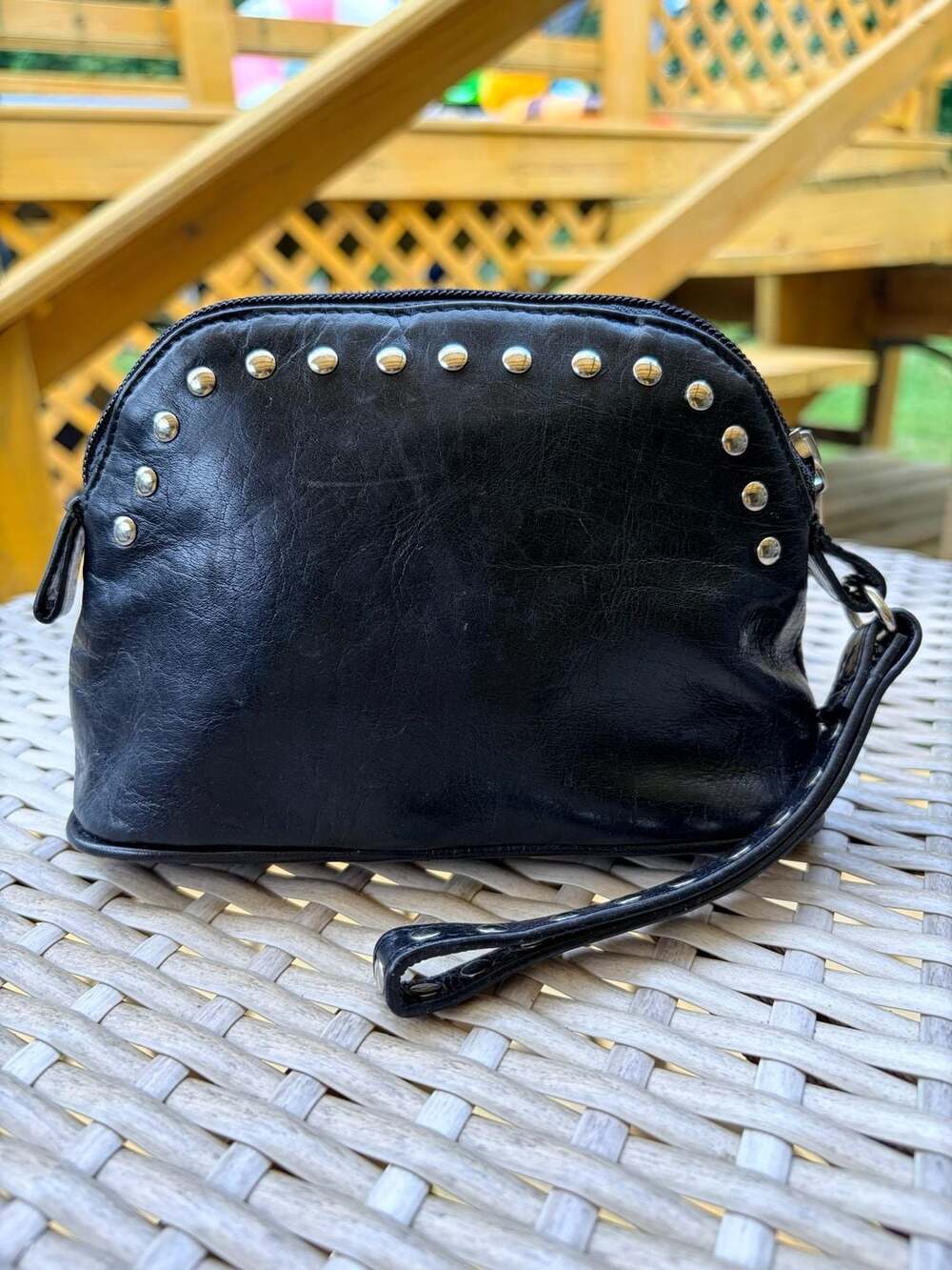 WCM Italian Leather Black Studded Wristlet Cosmetic Pouch